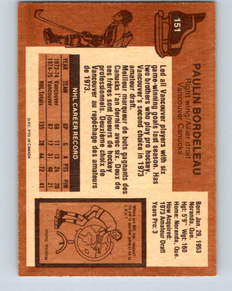 1975-76 O-Pee-Chee #151 Paulin Bordeleau  Vancouver Canucks  V5836