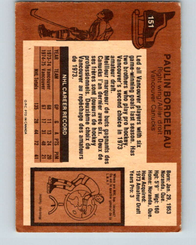 1975-76 O-Pee-Chee #151 Paulin Bordeleau  Vancouver Canucks  V5837