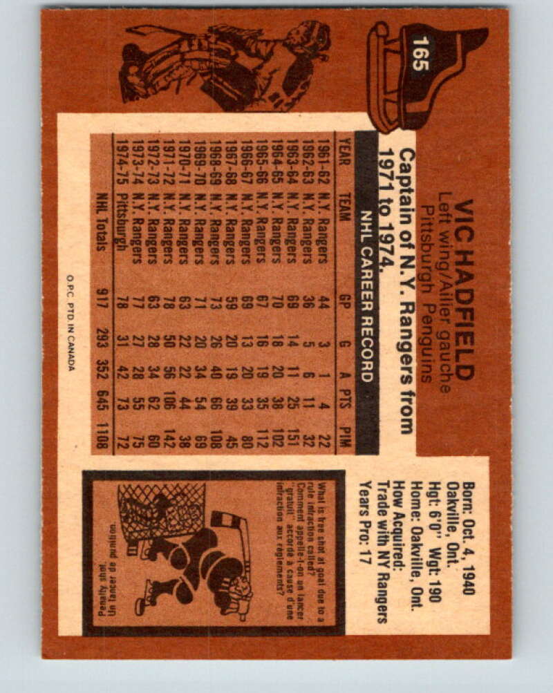 1975-76 O-Pee-Chee #165 Vic Hadfield  Pittsburgh Penguins  V5903
