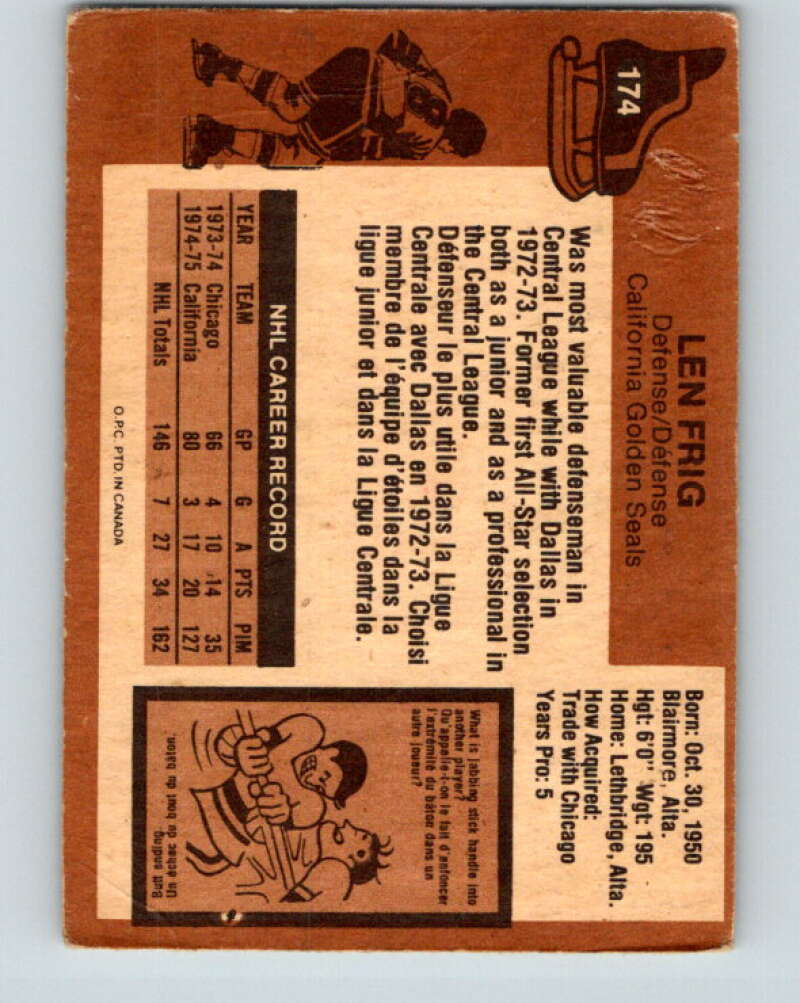 1975-76 O-Pee-Chee #174 Len Frig  California Golden Seals  V5943