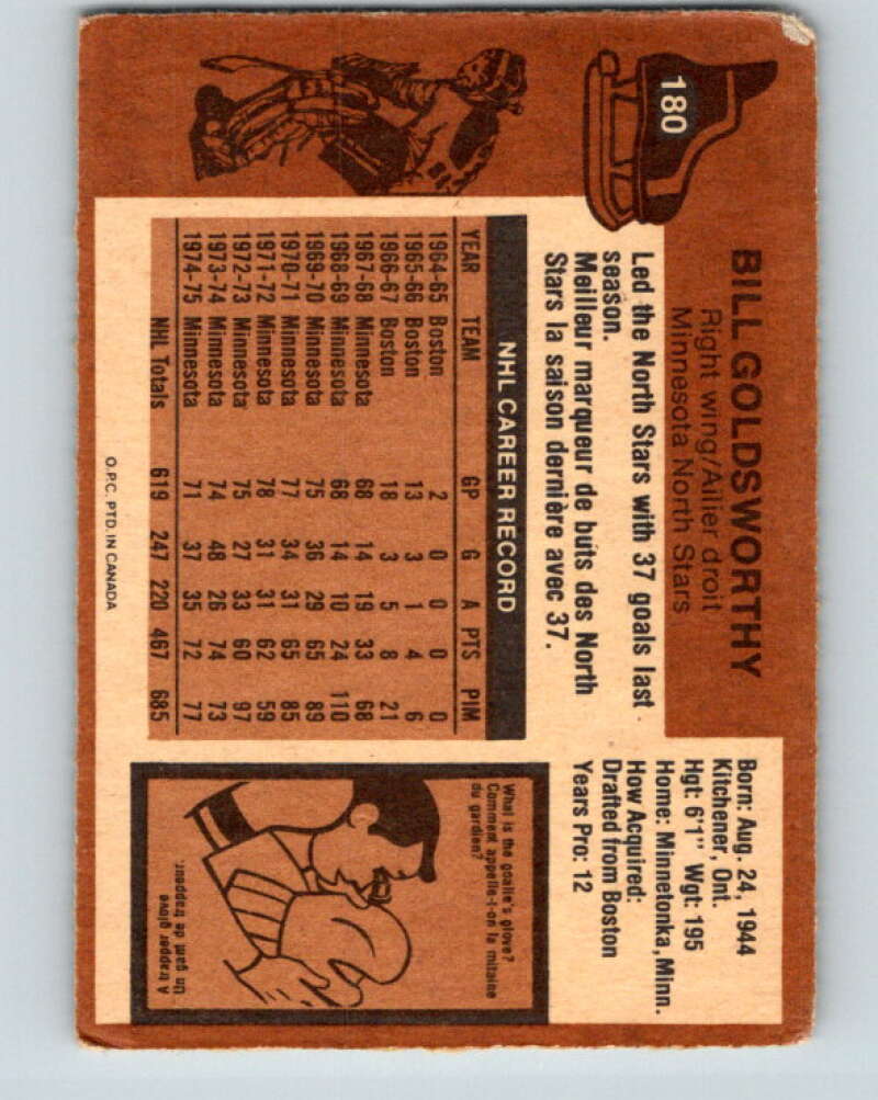 1975-76 O-Pee-Chee #180 Bill Goldsworthy  Minnesota North Stars  V5968