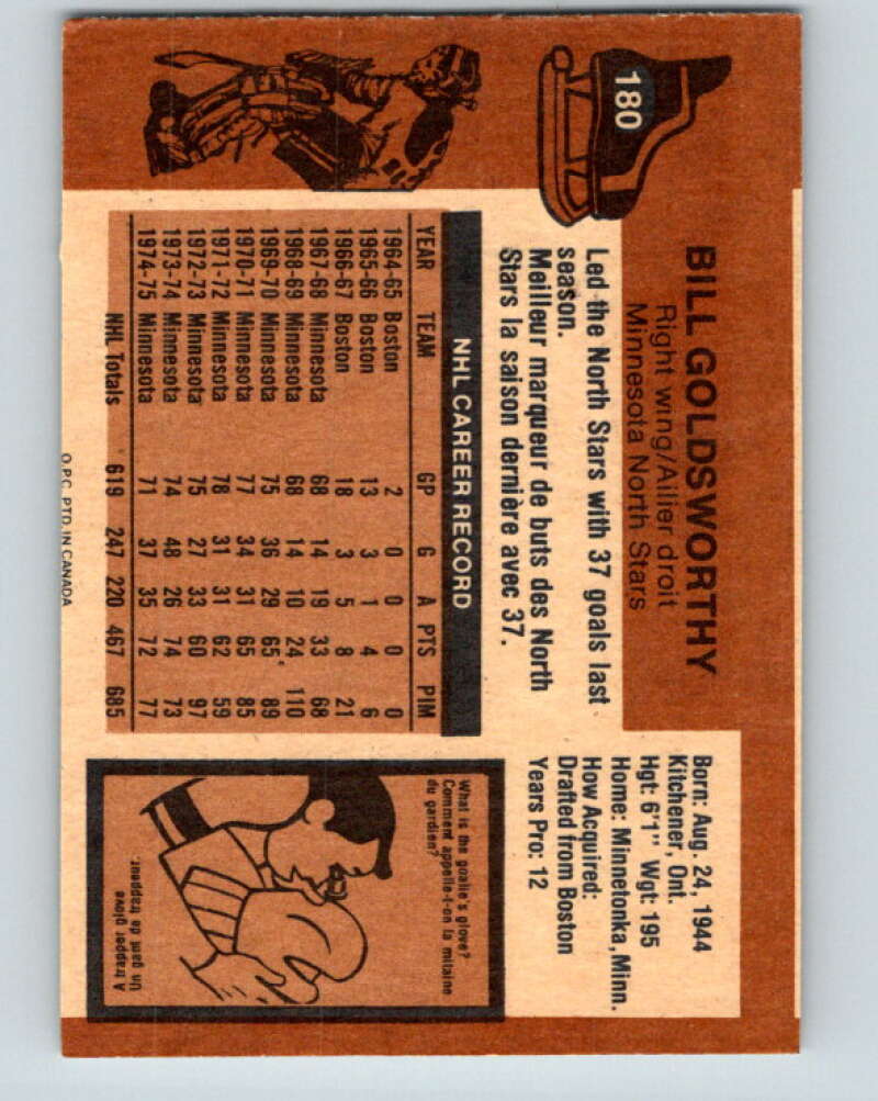 1975-76 O-Pee-Chee #180 Bill Goldsworthy  Minnesota North Stars  V5969