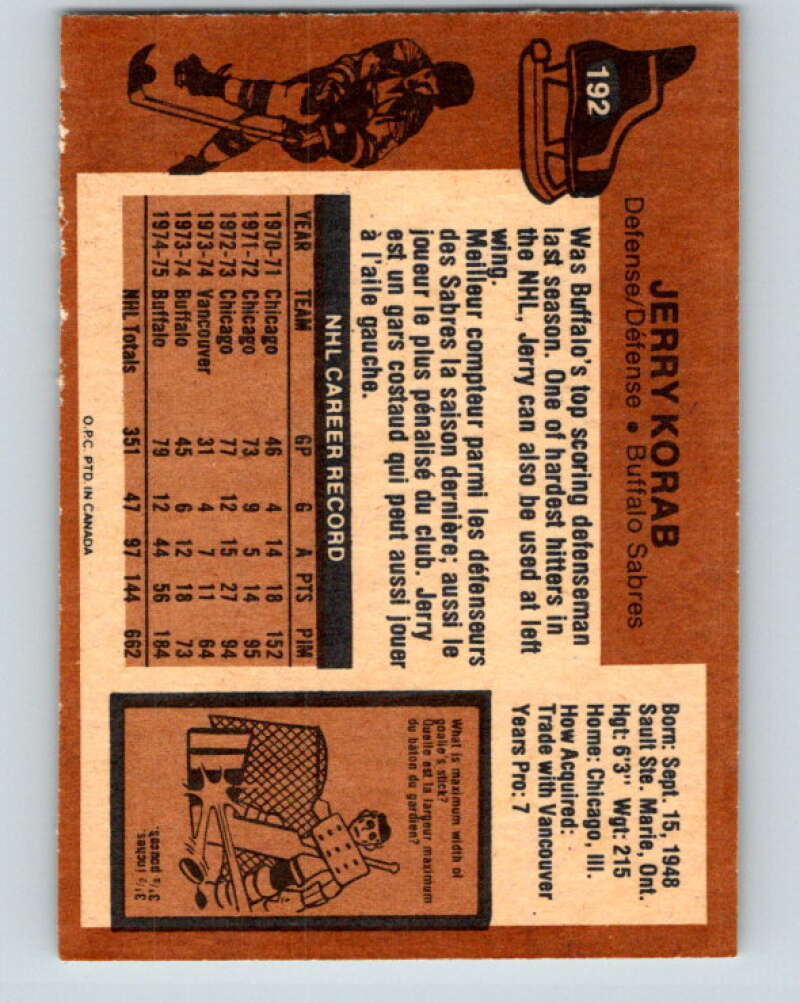 1975-76 O-Pee-Chee #192 Jerry Korab  Buffalo Sabres  V6009