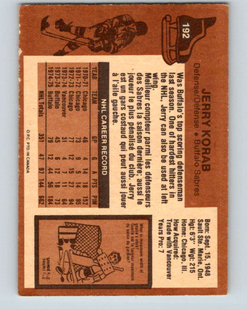 1975-76 O-Pee-Chee #192 Jerry Korab  Buffalo Sabres  V6011