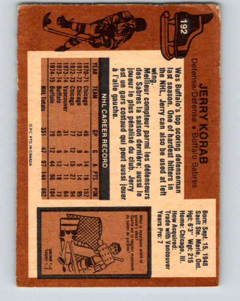 1975-76 O-Pee-Chee #192 Jerry Korab  Buffalo Sabres  V6012