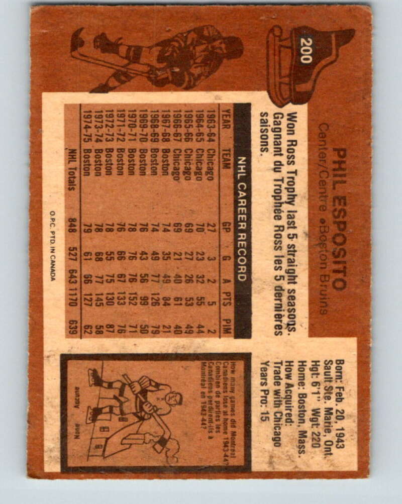 1975-76 O-Pee-Chee #200 Phil Esposito  Boston Bruins  V6038