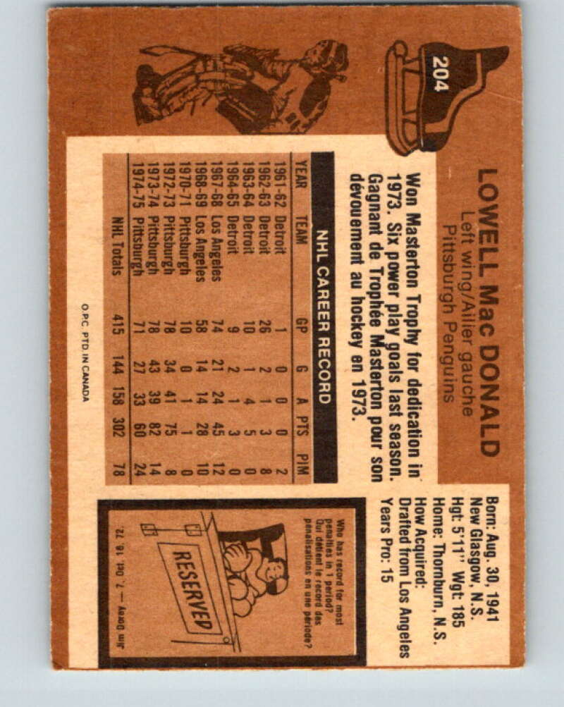1975-76 O-Pee-Chee #204 Lowell MacDonald  Pittsburgh Penguins  V6056
