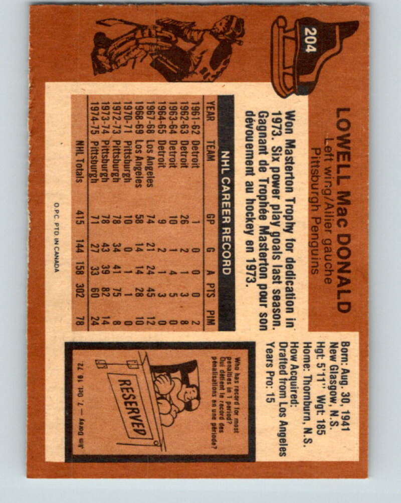 1975-76 O-Pee-Chee #204 Lowell MacDonald  Pittsburgh Penguins  V6058