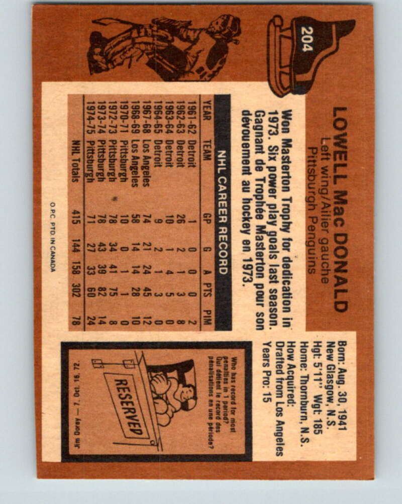 1975-76 O-Pee-Chee #204 Lowell MacDonald  Pittsburgh Penguins  V6059