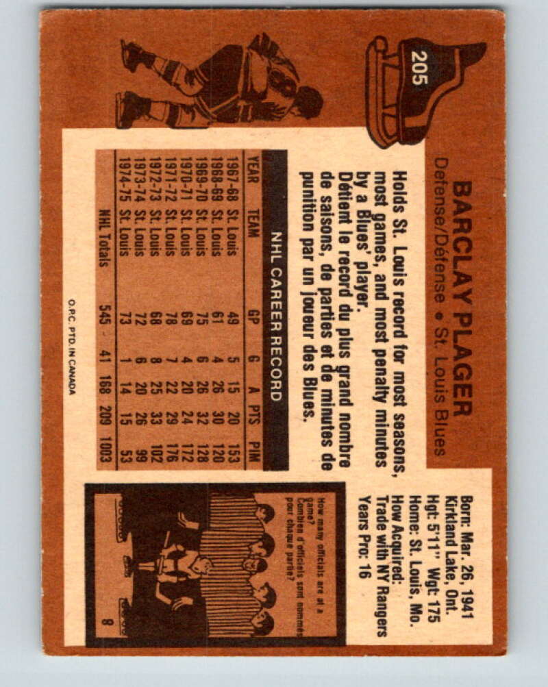 1975-76 O-Pee-Chee #205 Barclay Plager  St. Louis Blues  V6061