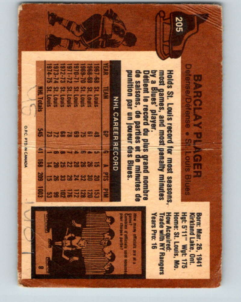 1975-76 O-Pee-Chee #205 Barclay Plager  St. Louis Blues  V6063