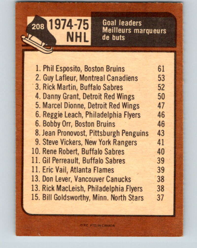 1975-76 O-Pee-Chee #208 Phil Esposito LL  Boston Bruins  V6076