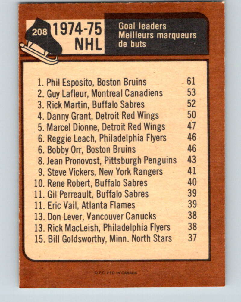 1975-76 O-Pee-Chee #208 Phil Esposito LL  Boston Bruins  V6078