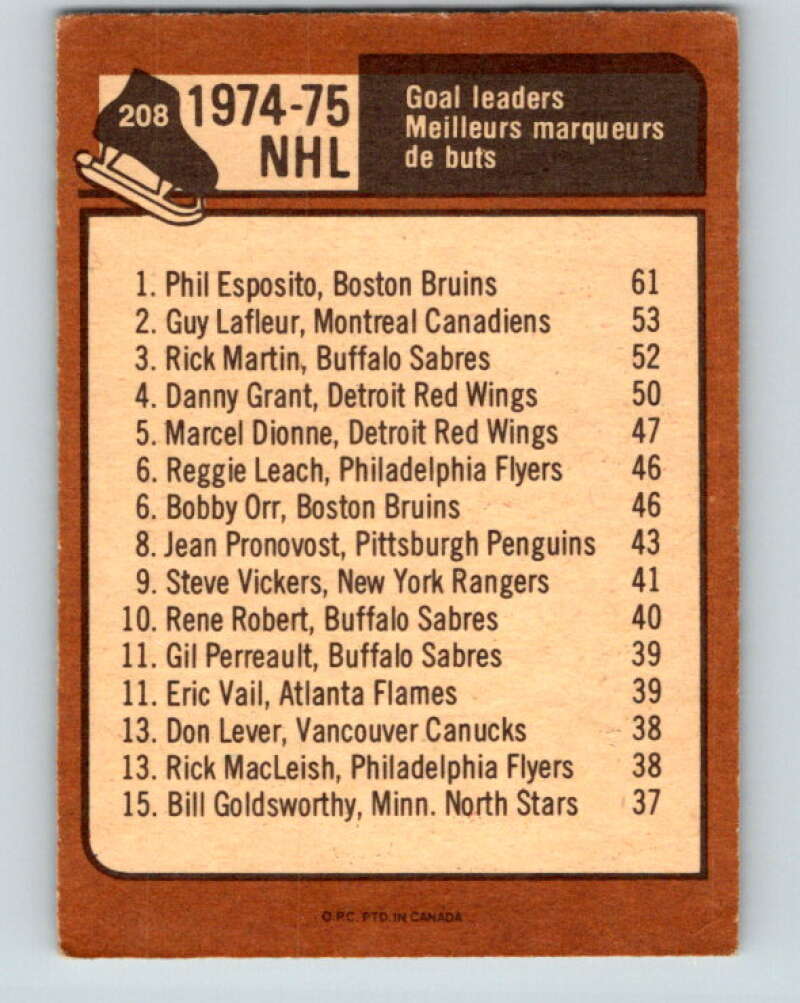 1975-76 O-Pee-Chee #208 Phil Esposito LL  Boston Bruins  V6080