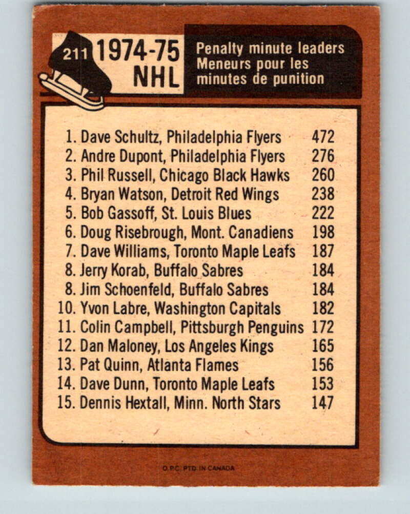 1975-76 O-Pee-Chee #211 Dave Schultz LL  Philadelphia Flyers  V6093