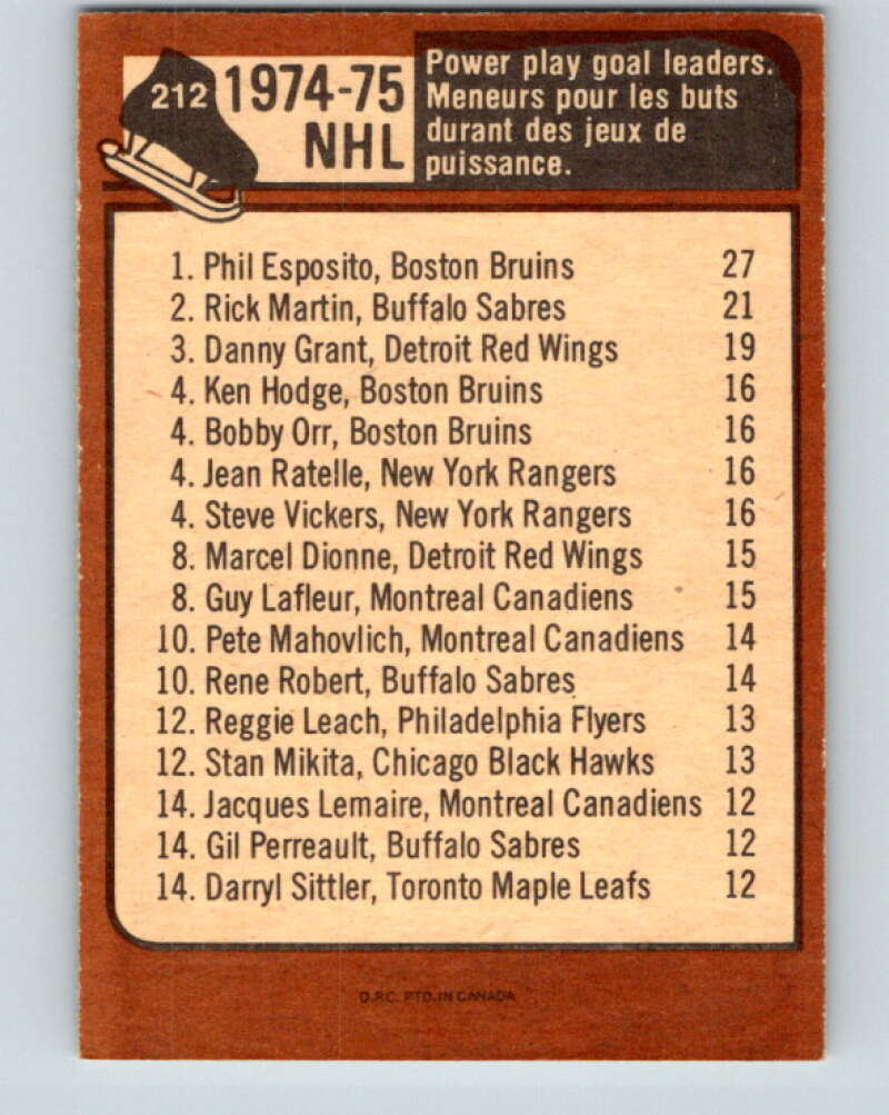 1975-76 O-Pee-Chee #212 Phil Esposito LL  Boston Bruins  V6097