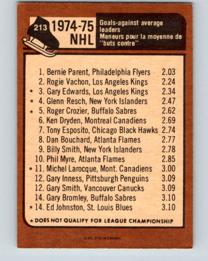 1975-76 O-Pee-Chee #213 Bernie Parent LL  Philadelphia Flyers  V6103