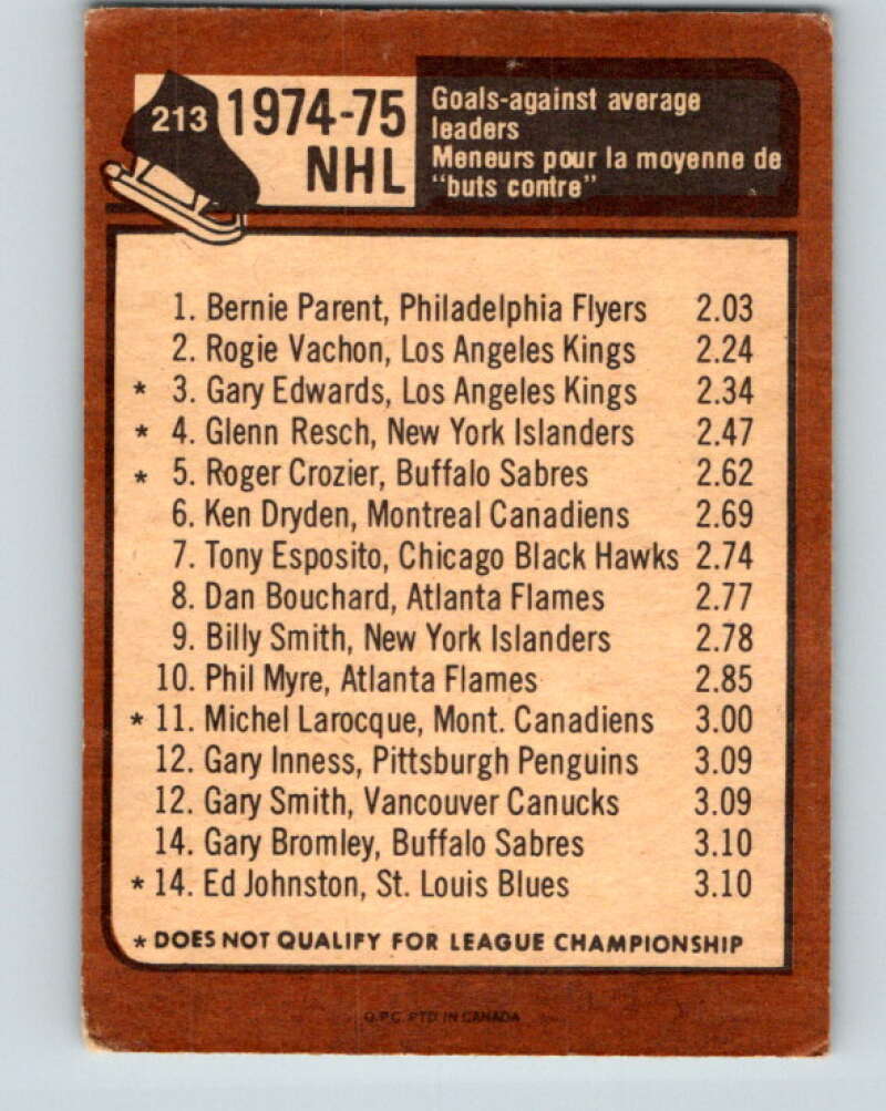 1975-76 O-Pee-Chee #213 Bernie Parent LL  Philadelphia Flyers  V6105