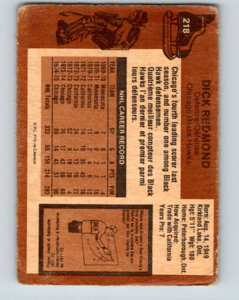 1975-76 O-Pee-Chee #218 Dick Redmond  Chicago Blackhawks  V6125