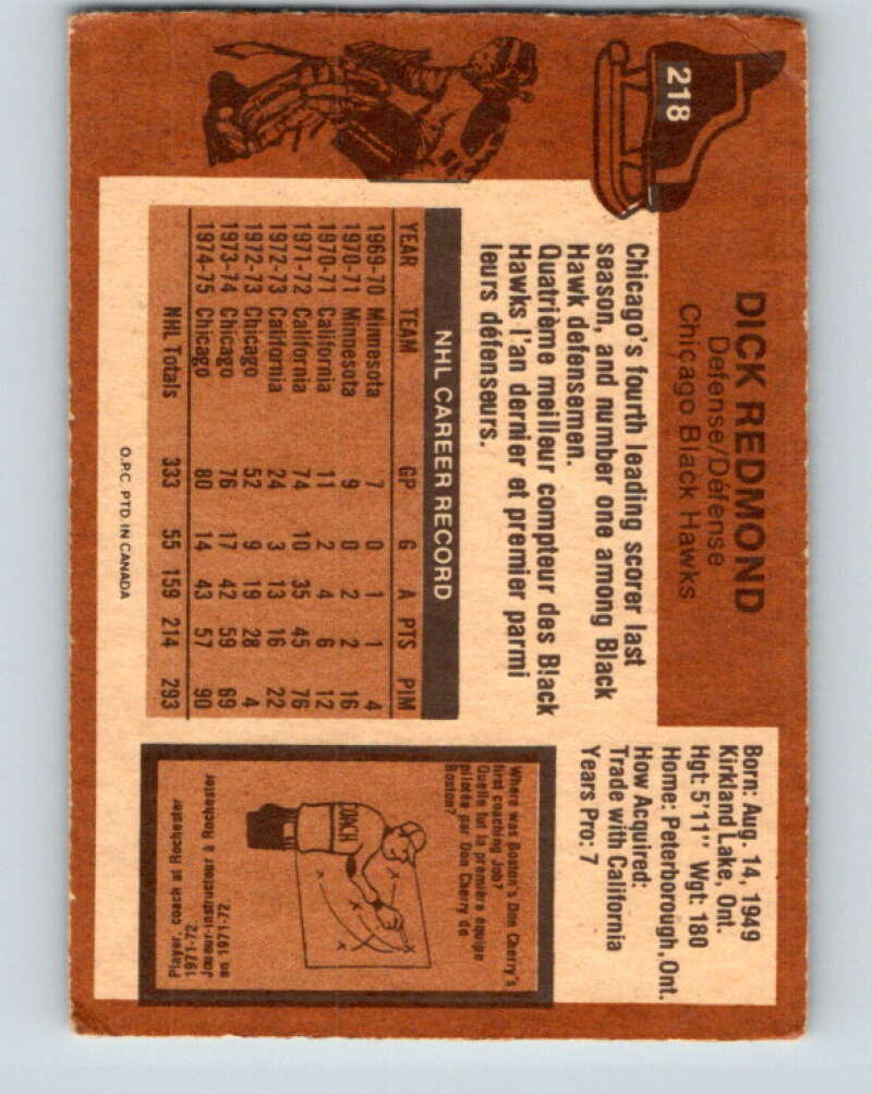 1975-76 O-Pee-Chee #218 Dick Redmond  Chicago Blackhawks  V6126