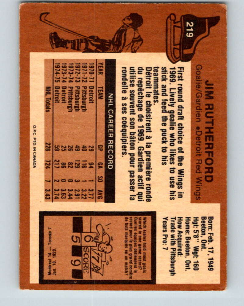 1975-76 O-Pee-Chee #219 Jim Rutherford  Detroit Red Wings  V6129