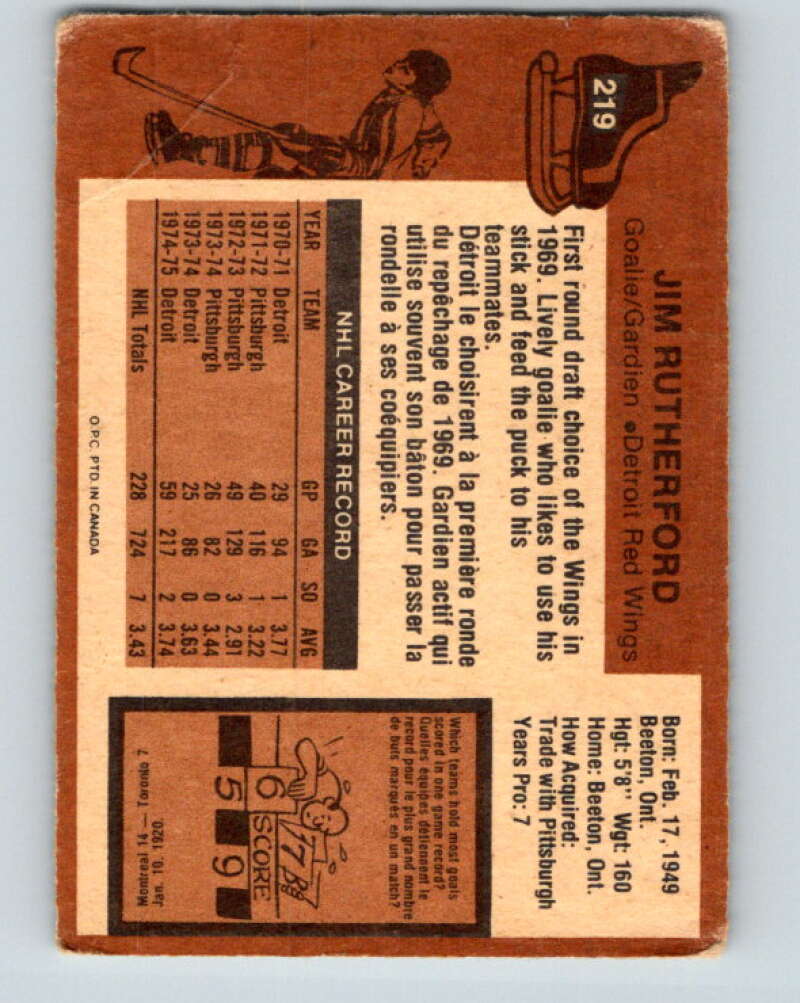 1975-76 O-Pee-Chee #219 Jim Rutherford  Detroit Red Wings  V6130