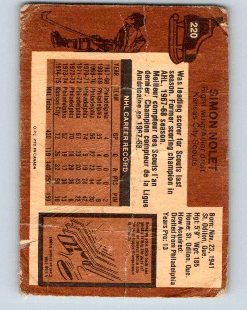 1975-76 O-Pee-Chee #220 Simon Nolet  Kansas City Scouts  V6137
