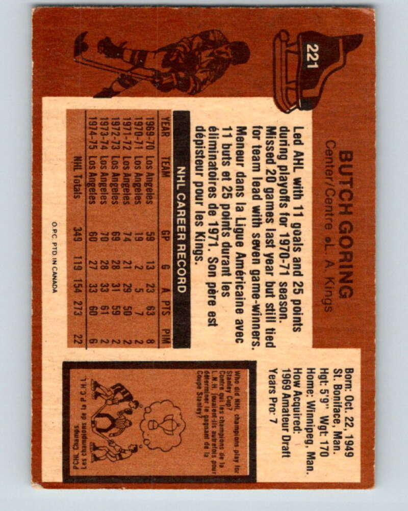 1975-76 O-Pee-Chee #221 Butch Goring  Los Angeles Kings  V6141