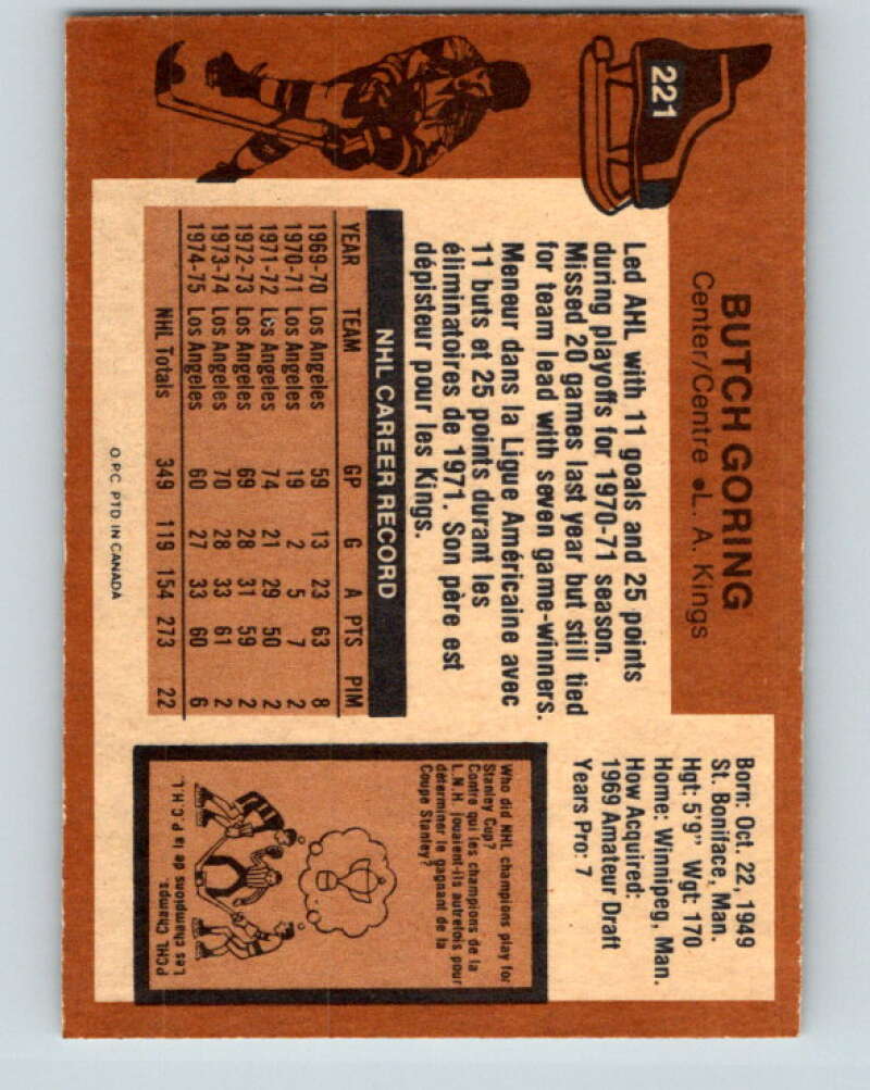 1975-76 O-Pee-Chee #221 Butch Goring  Los Angeles Kings  V6142