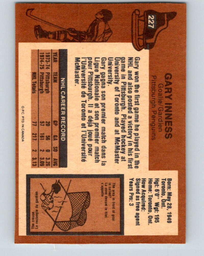 1975-76 O-Pee-Chee #227 Gary Inness  RC Rookie Pittsburgh Penguins  V6176