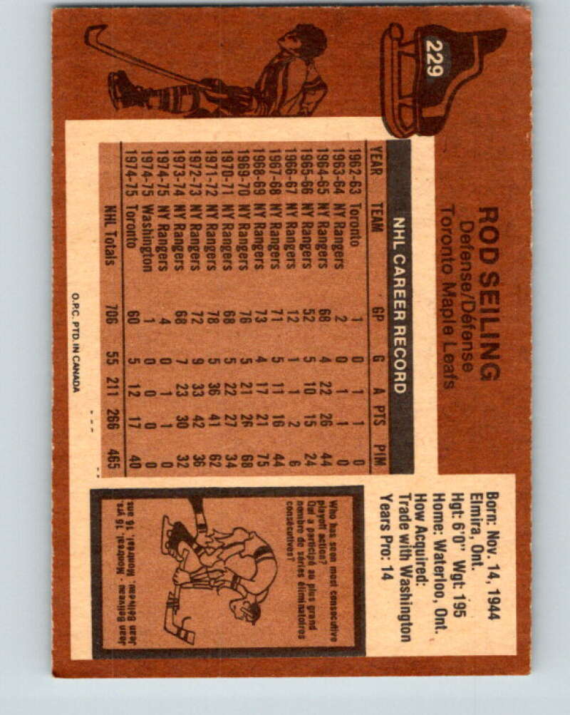 1975-76 O-Pee-Chee #229 Rod Seiling  Toronto Maple Leafs  V6180