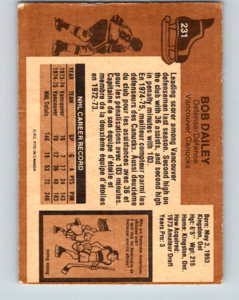 1975-76 O-Pee-Chee #231 Bob Dailey  Vancouver Canucks  V6190