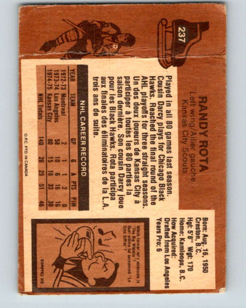 1975-76 O-Pee-Chee #237 Randy Rota  Kansas City Scouts  V6215