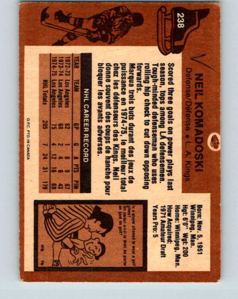1975-76 O-Pee-Chee #238 Neil Komadoski  Los Angeles Kings  V6221