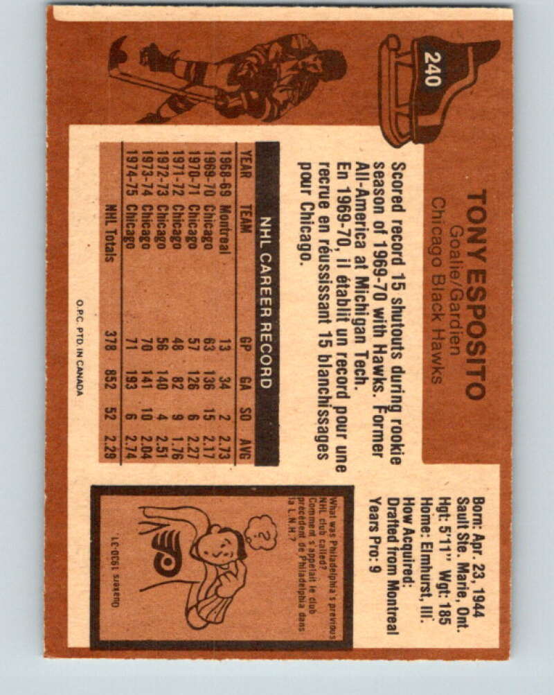 1975-76 O-Pee-Chee #240 Tony Esposito  Chicago Blackhawks  V6231