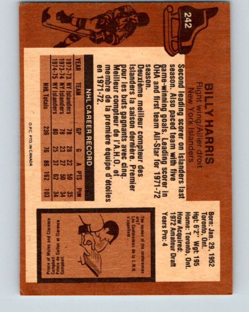 1975-76 O-Pee-Chee #242 Billy Harris  New York Islanders  V6240