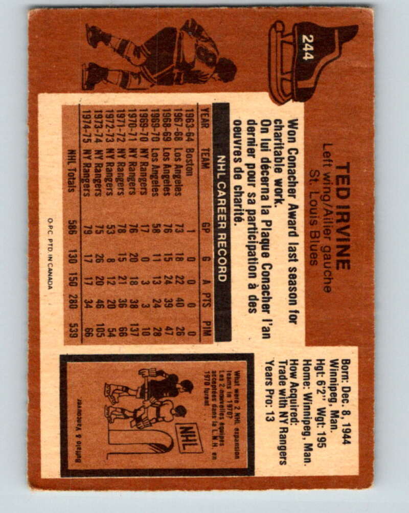 1975-76 O-Pee-Chee #244 Ted Irvine UER  St. Louis Blues  V6250