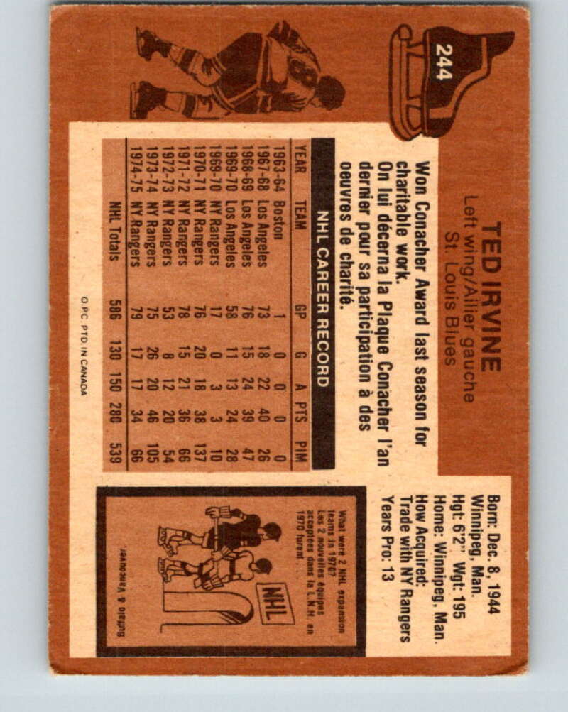 1975-76 O-Pee-Chee #244 Ted Irvine UER  St. Louis Blues  V6253
