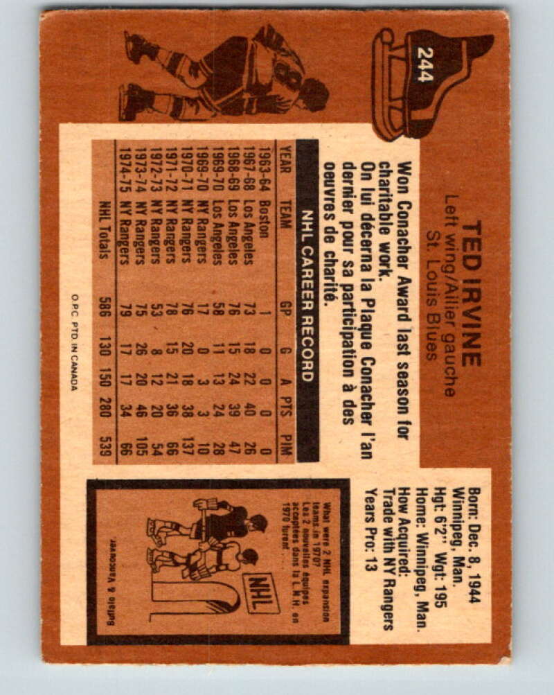1975-76 O-Pee-Chee #244 Ted Irvine UER  St. Louis Blues  V6254