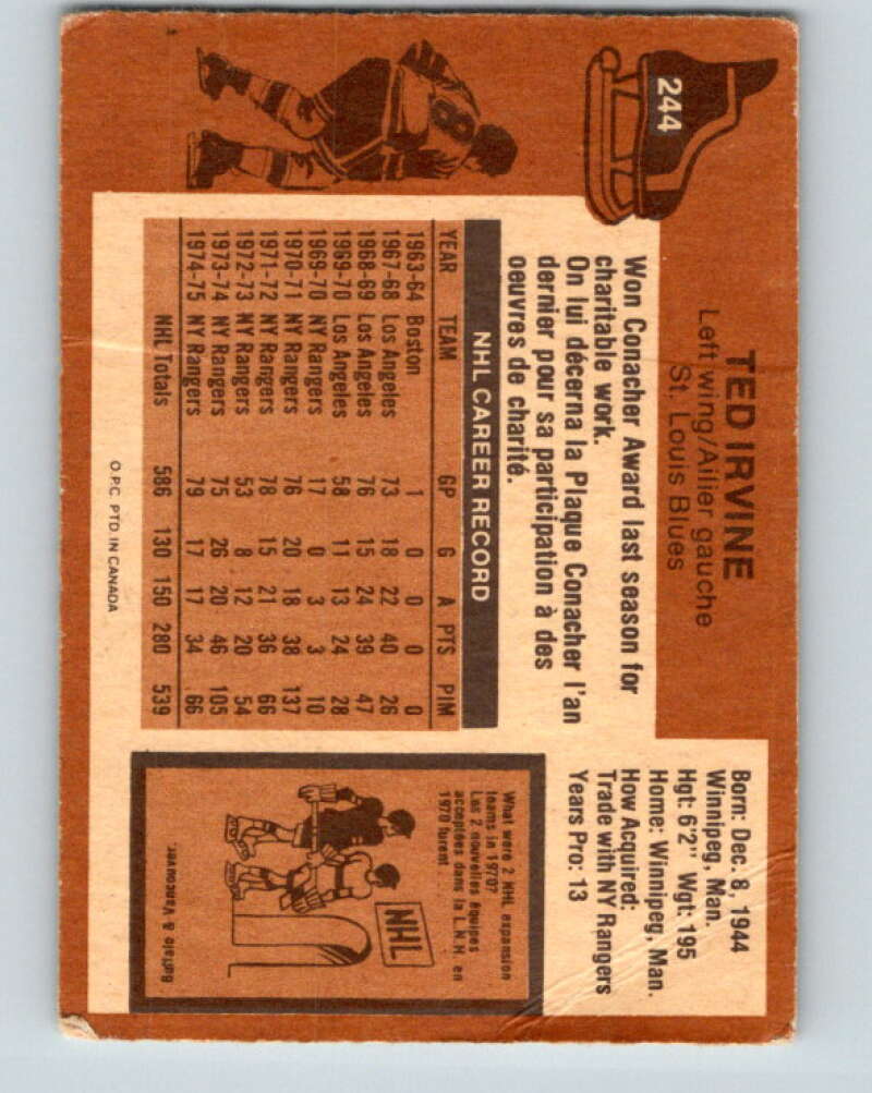 1975-76 O-Pee-Chee #244 Ted Irvine UER  St. Louis Blues  V6255