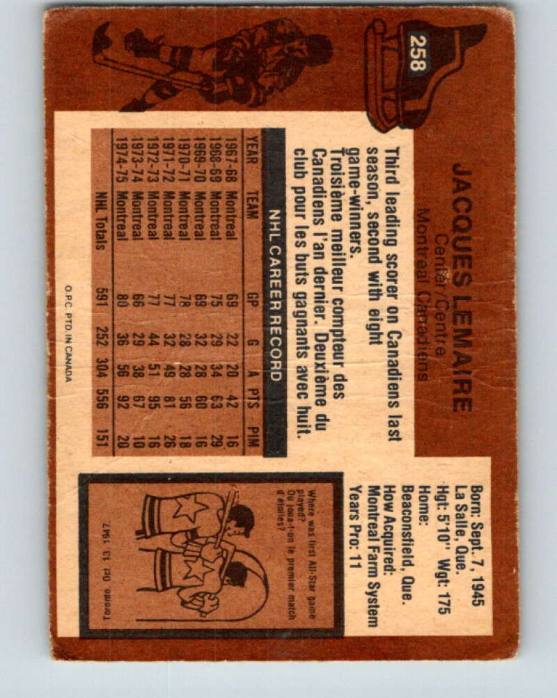 1975-76 O-Pee-Chee #258 Jacques Lemaire  Montreal Canadiens  V6309