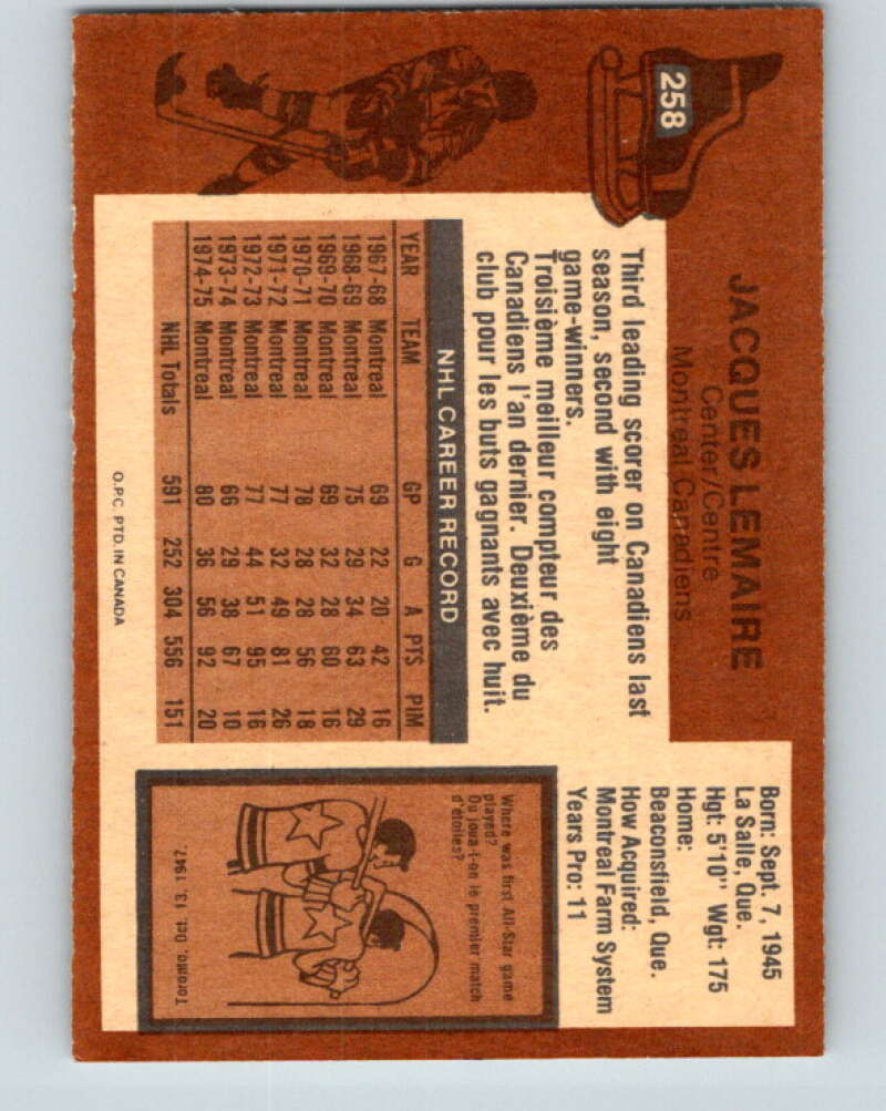 1975-76 O-Pee-Chee #258 Jacques Lemaire  Montreal Canadiens  V6311
