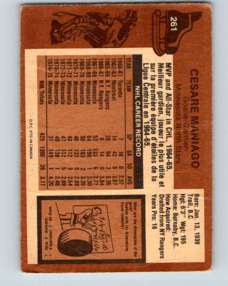 1975-76 O-Pee-Chee #261 Cesare Maniago  Minnesota North Stars  V6333