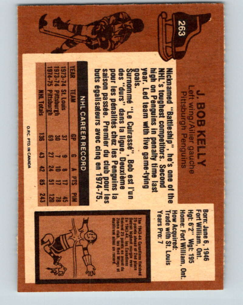 1975-76 O-Pee-Chee #263 J. Bob Kelly  Pittsburgh Penguins  V6341