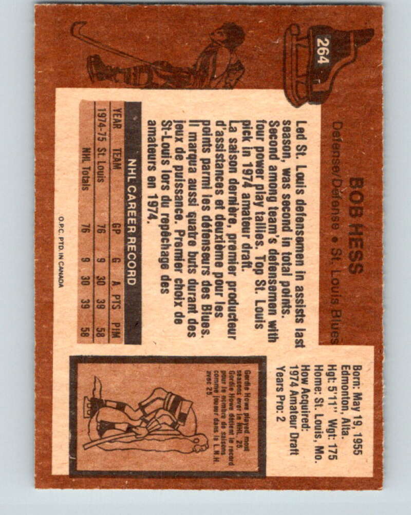 1975-76 O-Pee-Chee #264 Bob Hess  RC Rookie St. Louis Blues  V6346