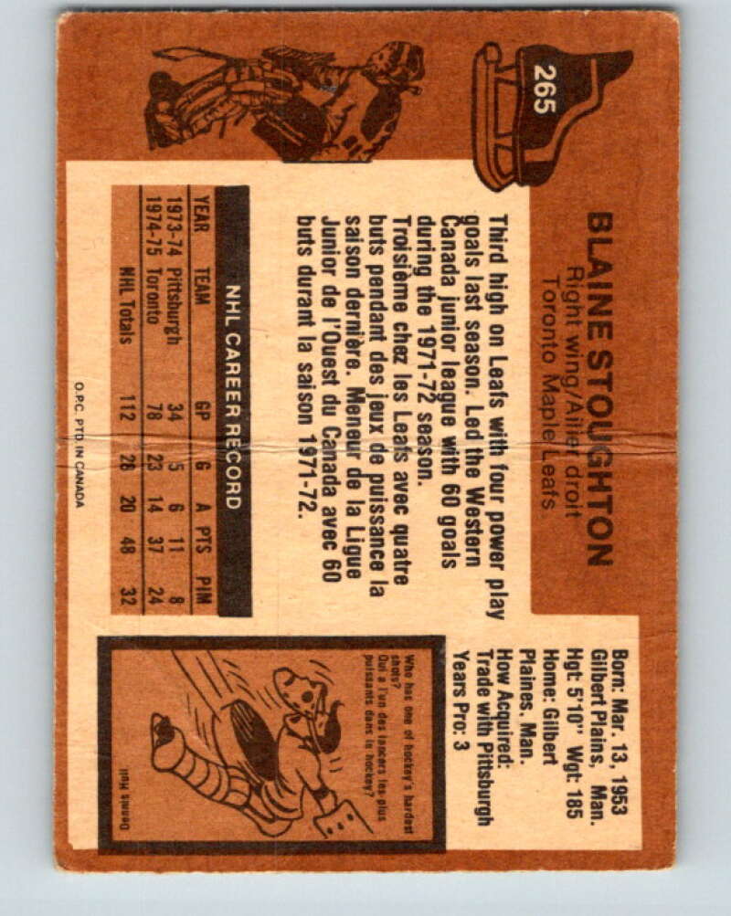 1975-76 O-Pee-Chee #265 Blaine Stoughton  Toronto Maple Leafs  V6352