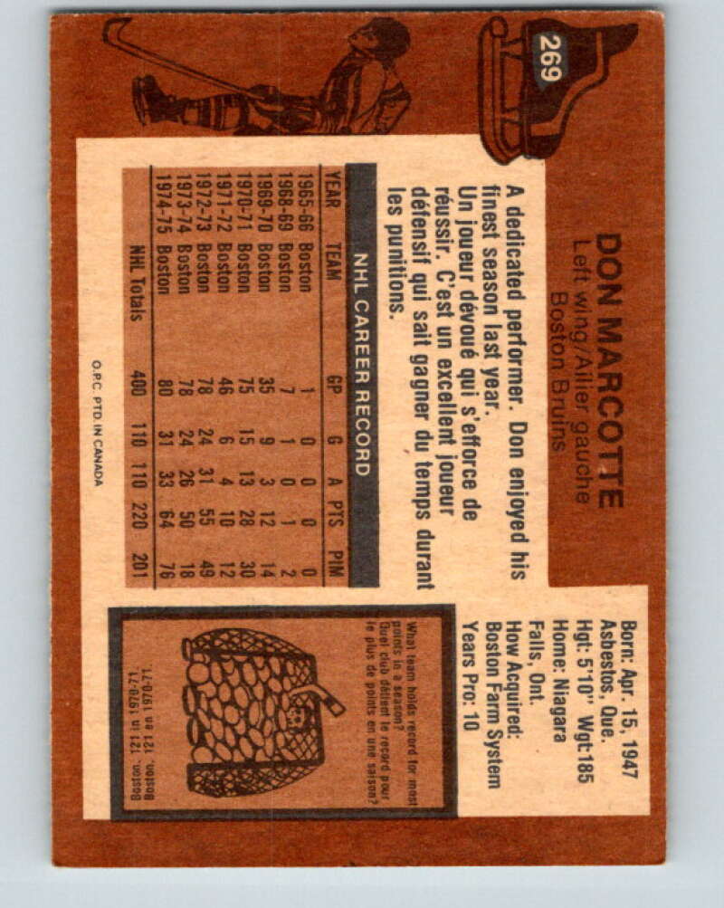 1975-76 O-Pee-Chee #269 Don Marcotte  Boston Bruins  V6375
