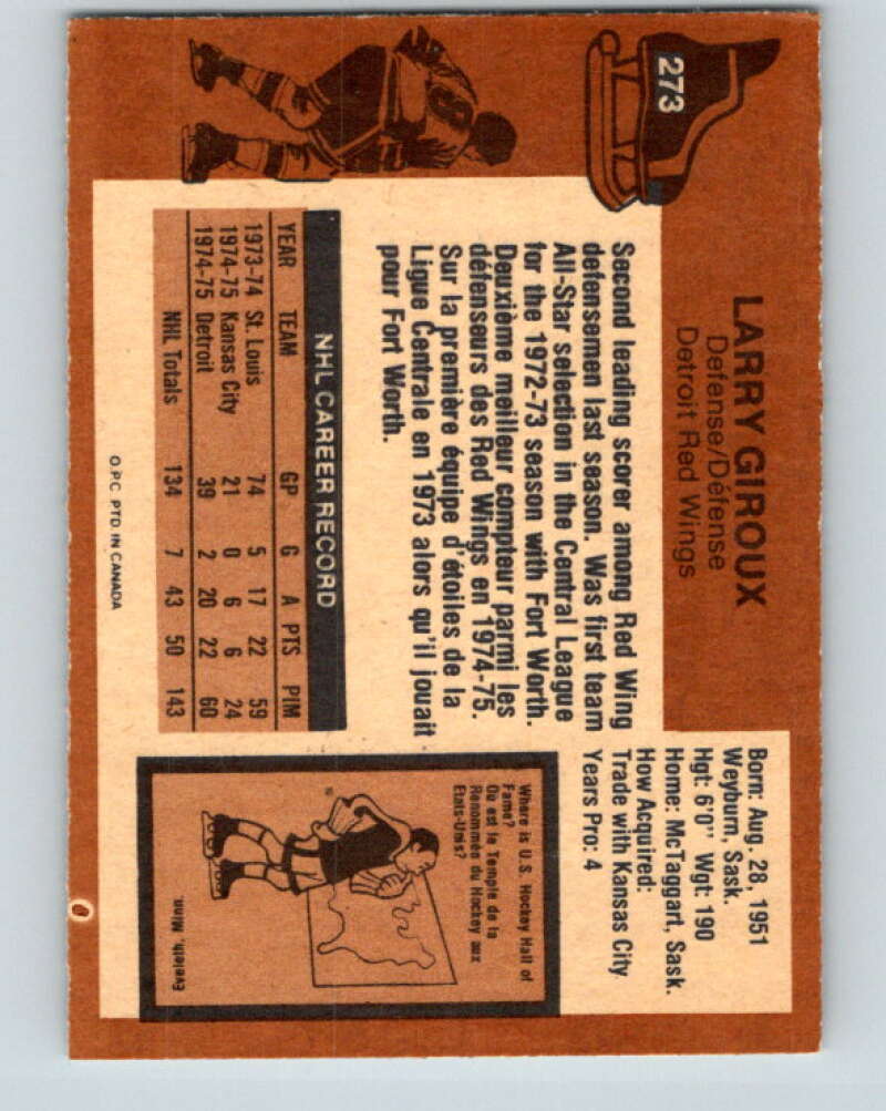 1975-76 O-Pee-Chee #273 Larry Giroux  RC Rookie Detroit Red Wings  V6390
