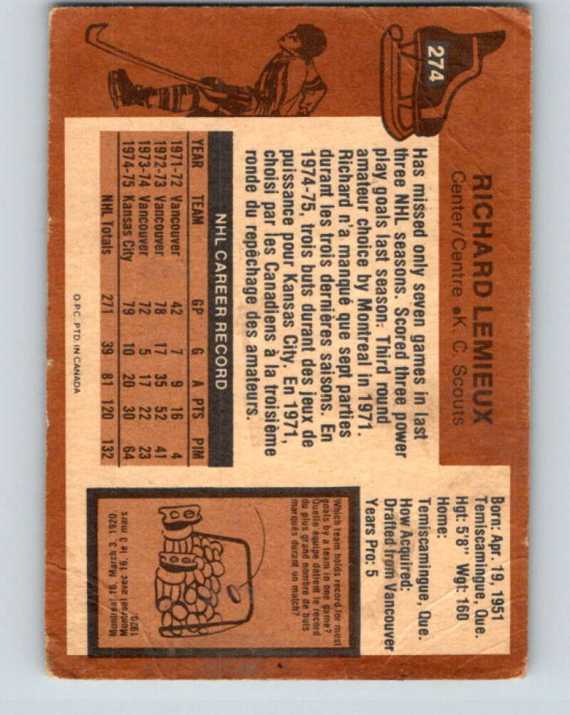 1975-76 O-Pee-Chee #274 Richard Lemieux  Kansas City Scouts  V6394