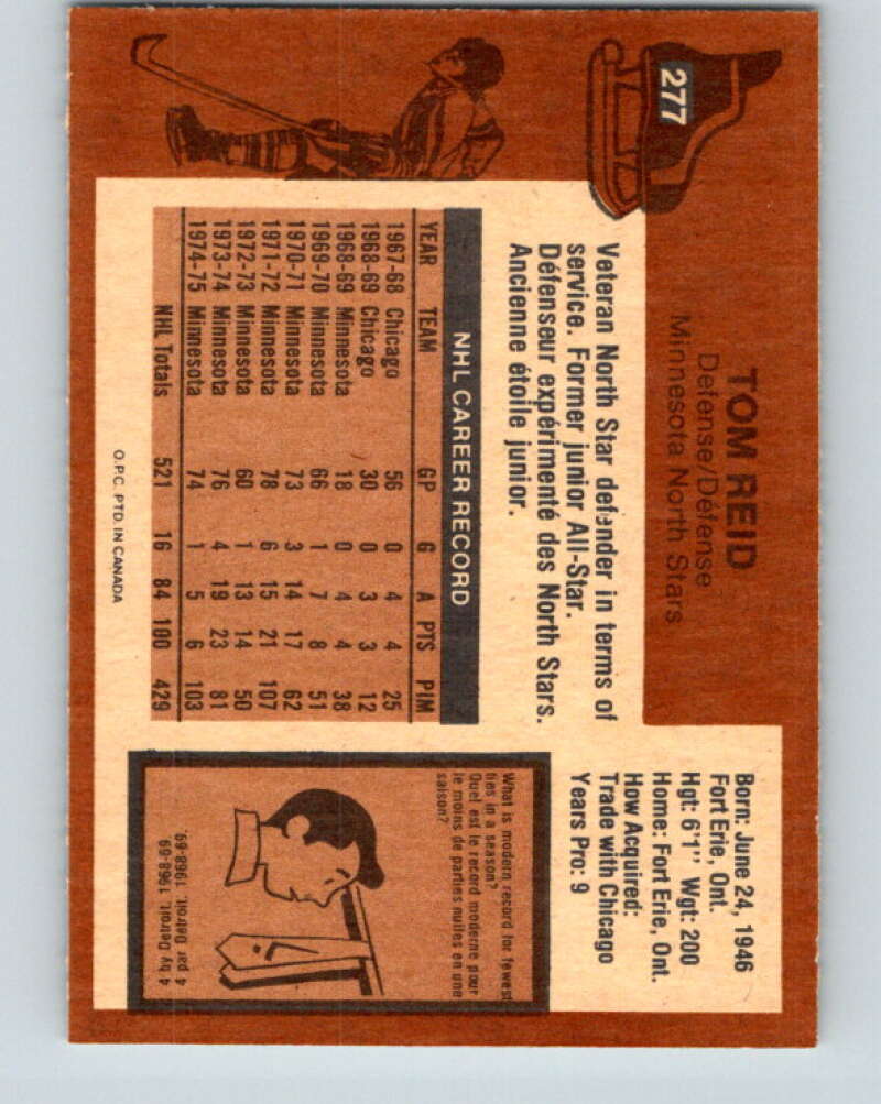 1975-76 O-Pee-Chee #277 Tom Reid  Minnesota North Stars  V6409